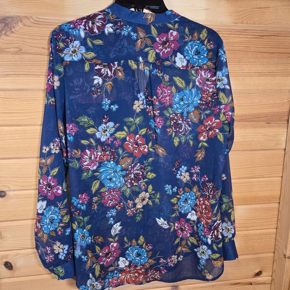 Kut From The Kloth Sinclaire Button Up Sheer Top Floral Navy Medium Western - Picture 4 of 8